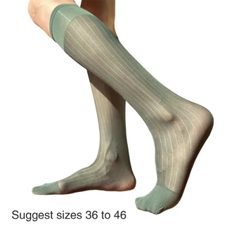 Nio Mens Nylon Sheer Suit Socks Business Dress Socks Elastic Wide Striped See Through Official Dress Over the Calf Stockin