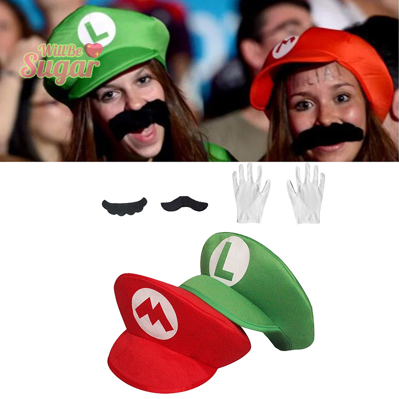 [WillBesugarT ] Super Mario หมวกสีแดงสีเขียวหมวกเคราผู ้ ใหญ ่ เด ็ กอะนิเมะคอสเพลย ์ การ ์ ตูนตลกน ่ ารักบทบาทเล ่ นหมวก Prop Party Prop [NEW ]