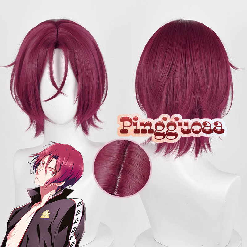Anime Free! Rin Matsuoka Cosplay Wig 33cm Dark Rose Red Wigs Heat Resistant Synthetic Hair