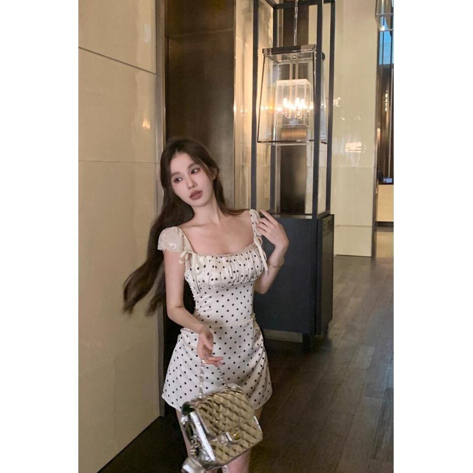 🌙ชุดเดรส,🌙ลายจุด Lace Splice ชุดเสื้อกั๊กแขนบินขนาดเล็ก ฤดูร้อนจีบเอวปิดกระเป๋าสะโพกสำหรับผู้หญิง