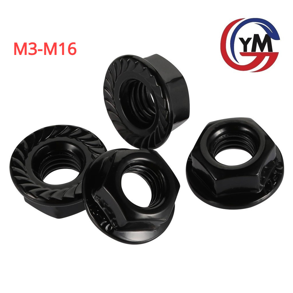 [YMH 1] หัวน็อต ตัวเมีย ติดแหวน สแตนเลส 304 สีดำ เกลียวมิล หยาบ / Hexagon Flange Nut /w Serration SUS304 M3-M16