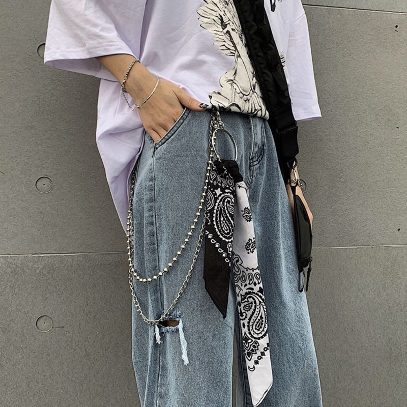 Cozy Hip Hop Paisley Biker Bandana with Double Layer Waist Metal Wallet Chain Contrast Color Headscarf Keychain Pants Be