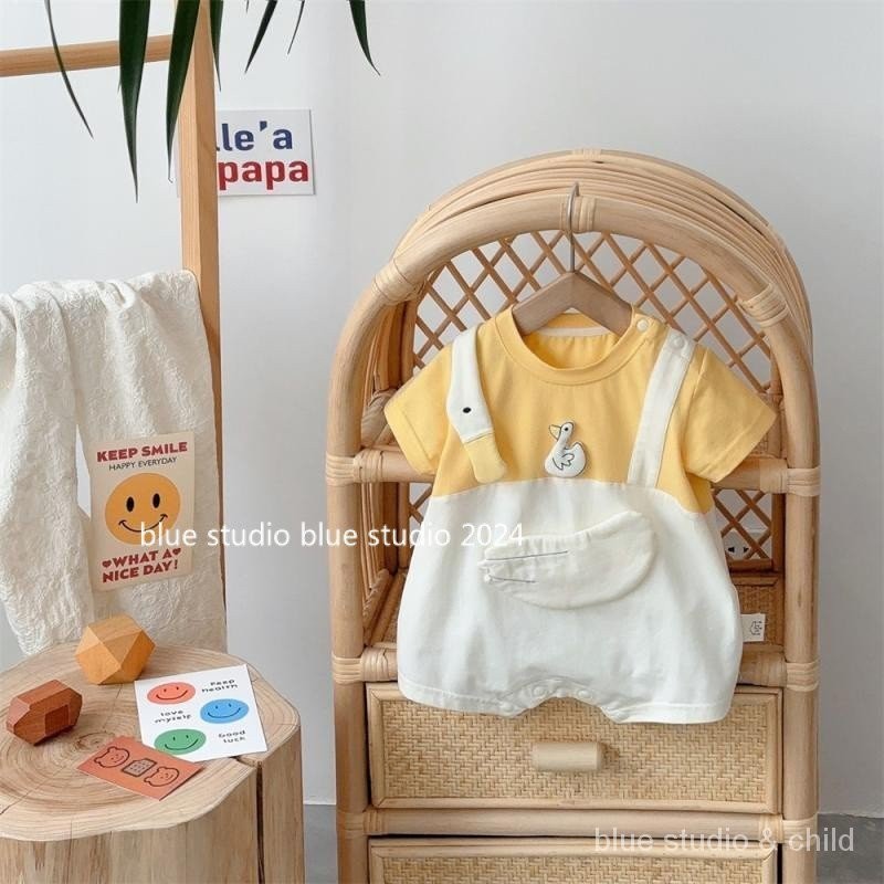[ตุ๊กตาห่านน่ารัก] ทารกแรกเกิดสุดน่ารักเต็มเดือนร้อยวันแขนสั้น ชุดรอมเปอร์ ฤดูร้อนเด็กบาง ชุดจั๊มสูท ชุดรอมเปอร์ ทารกเด็กวัยหัดเดินทารก ชุด