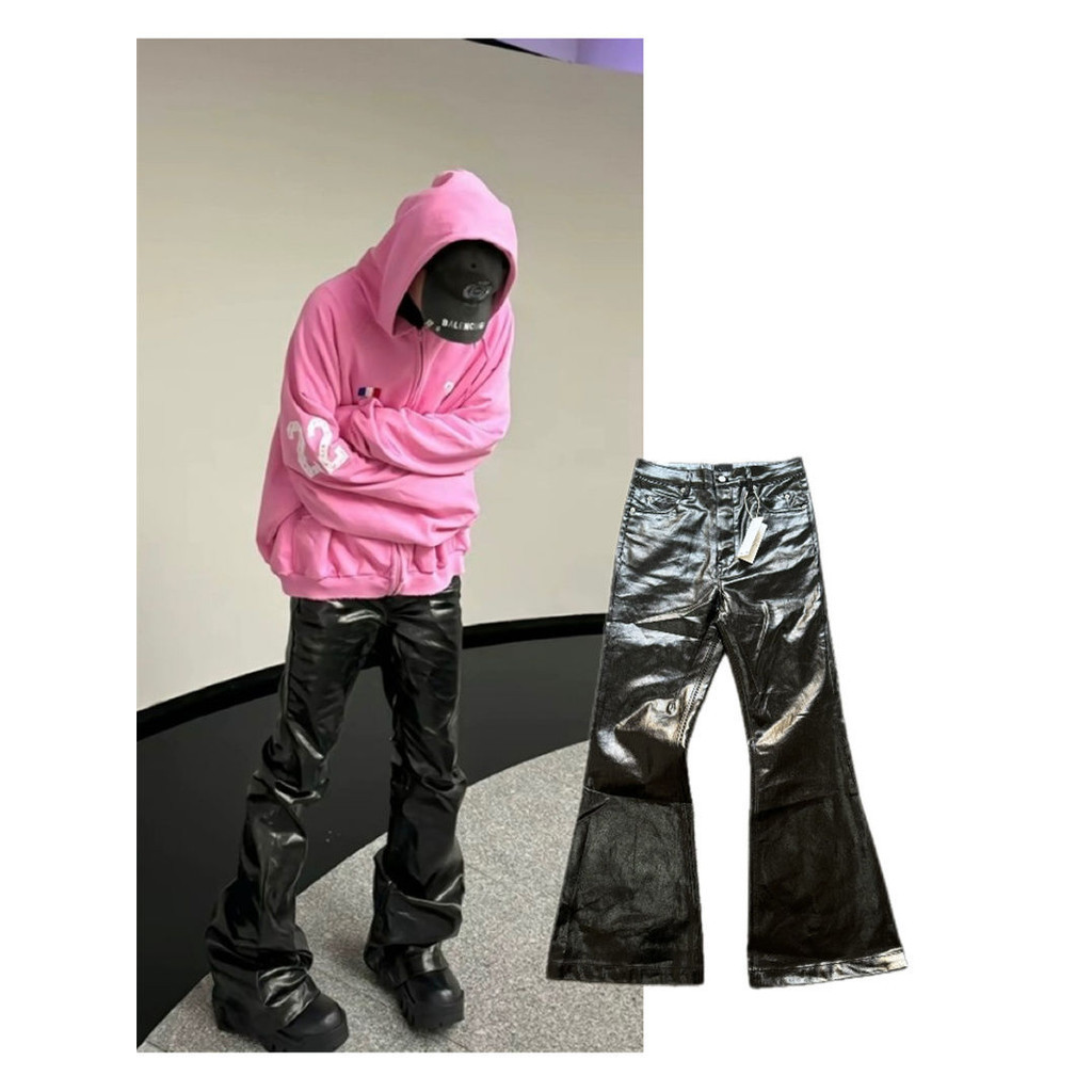 Ro Style Original Label Coating Glossy Patent Leather Casual Flared Pants