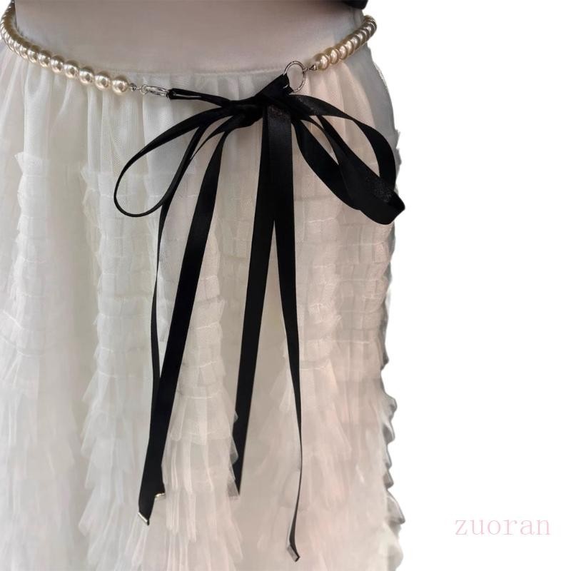 Zuo เข ็ มขัดเอวสมัยใหม ่ พร ้ อมริบบิ ้ นสีดํา Bowknot ปรับไข ่ มุก Body Link Chain