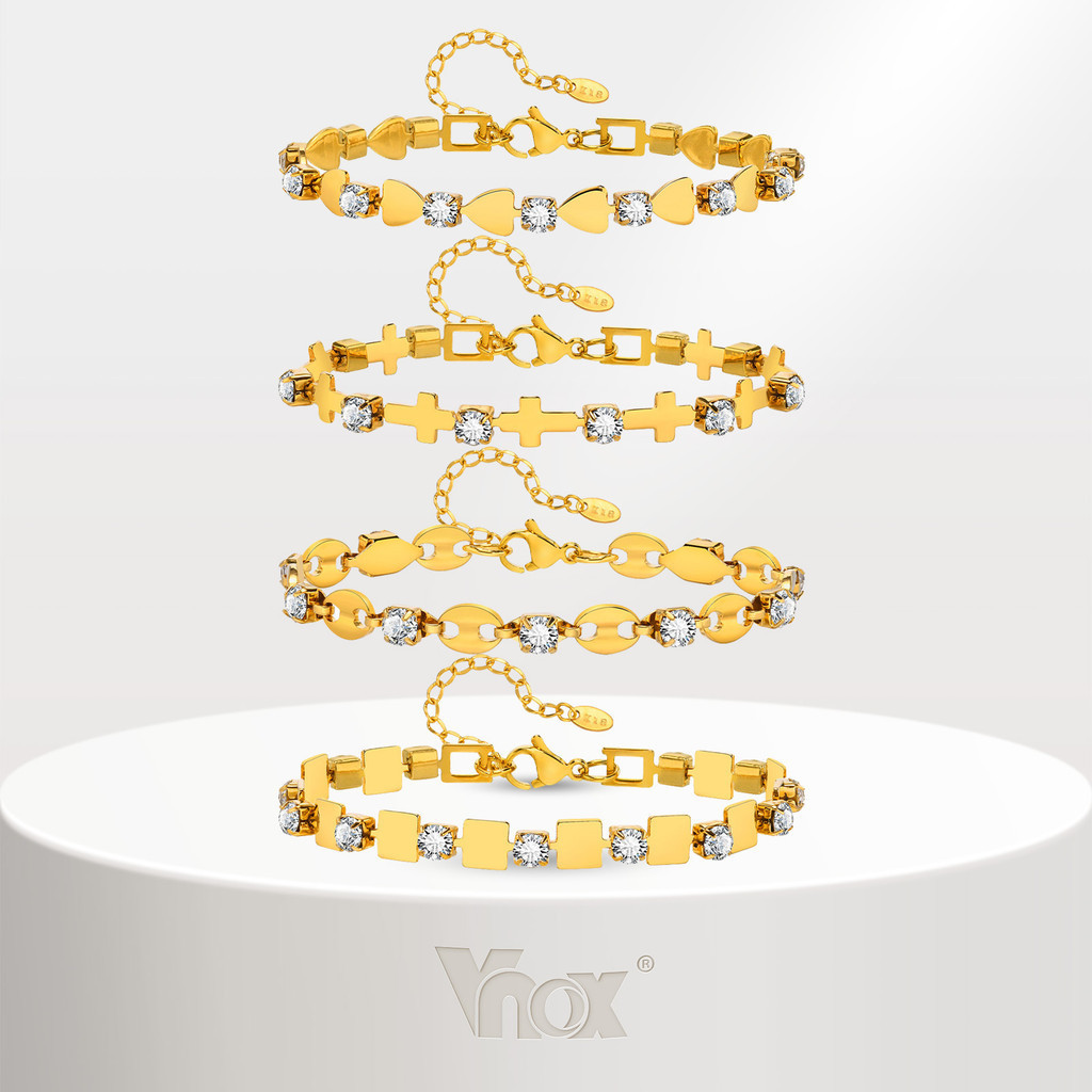 Vnox Zircon Cubic หัวใจรูปกาแฟ Bean Cross Square Shaped Bracelet,18K ทองสแตนเลสงานแต ่ งงานทุกวันคุณภาพพรีเมี ่ ยม Charm