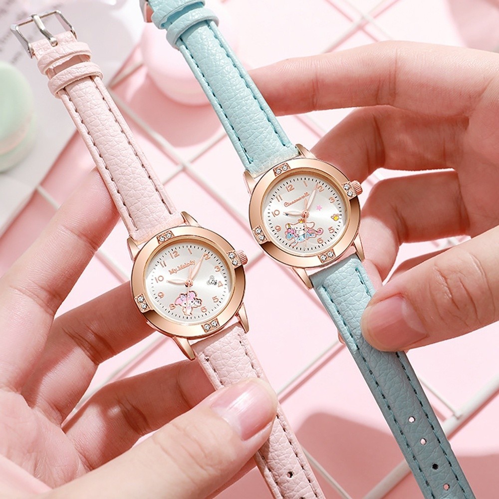 Sanrio Kuromi Melody นาฬิกาควอตซ์สําหรับเด็กผู้หญิง Hello Kitty Cinnamoroll Rose Gold Diamond Stundet นาฬิกาสําหรับเพื่อน