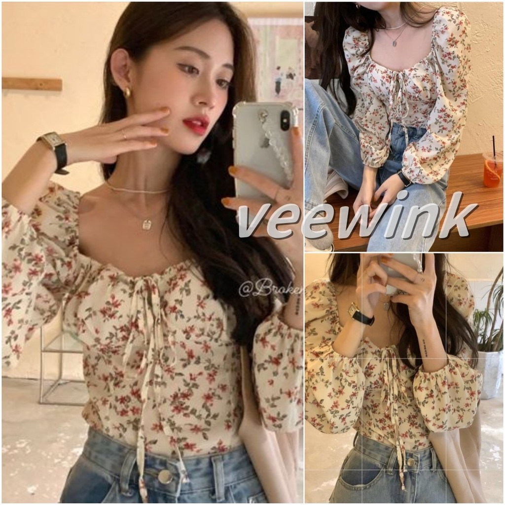 Veewink จัดส่งจากกรุงเทพ เสื้อเกาหลีของผู้หญิงแฟชั่น เสื้อเชิ้ตลายดอกไม้