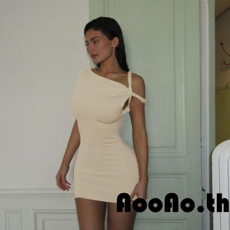 Aooao-ชุดเดรสมินิอสมมาตรแขนสั้นหนึ่งไหล่ผ่าคอผ่าชุดเดรสเข้ารูปสำหรับผู้หญิง