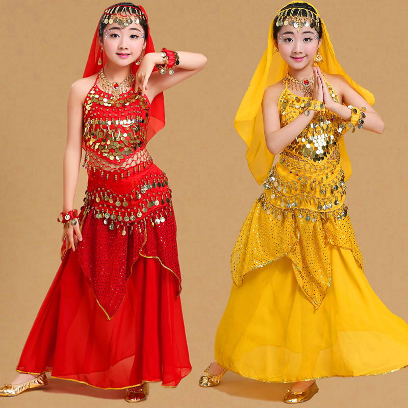 เด ็ กเต ้ นรําเสื ้ อผ ้ าอินเดียเต ้ นรําเครื ่ องแต ่ งกาย Belly Dance กระโปรงสลิง Headdress ชุด