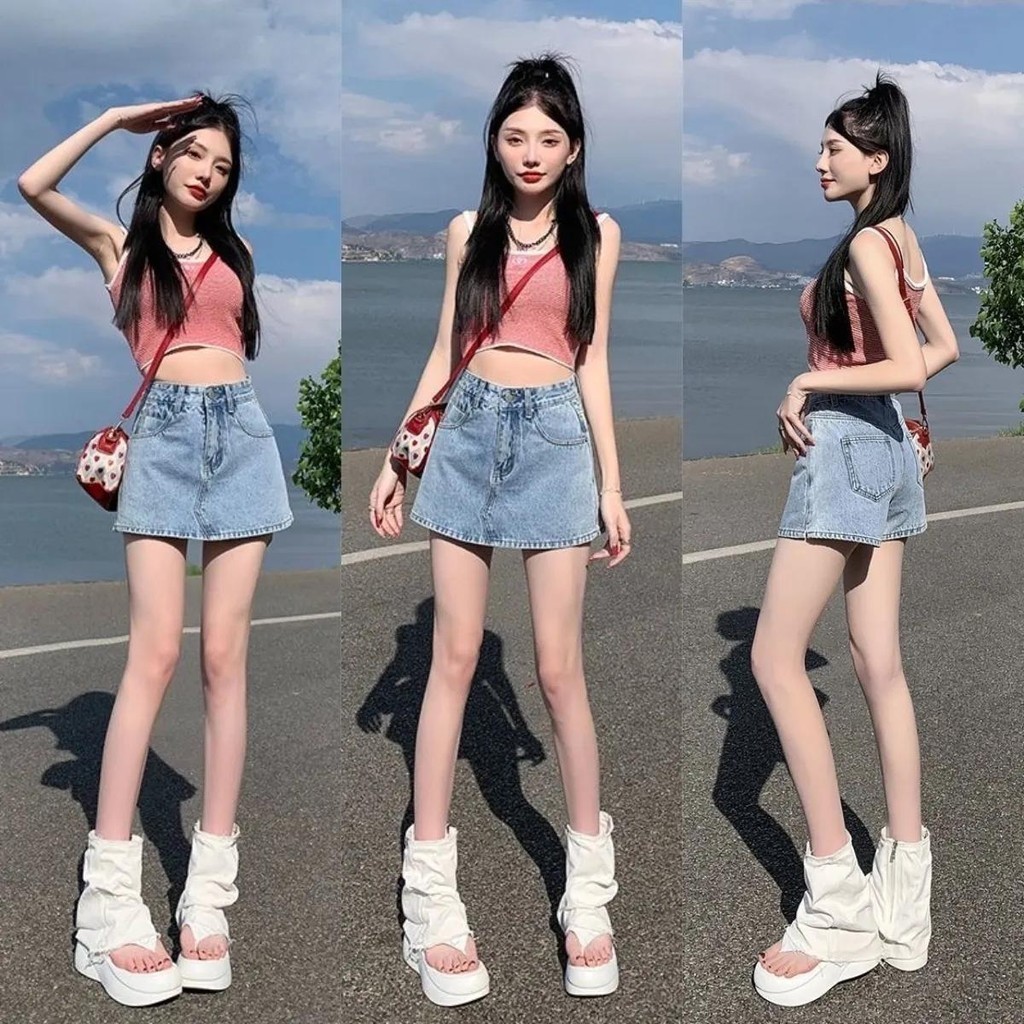 CHENELLE jeans กางเกงยีนส์ขาสั้นผญ กระโปรงเอวสูงสไตล์เกาหลี ใส่สบายและสวย