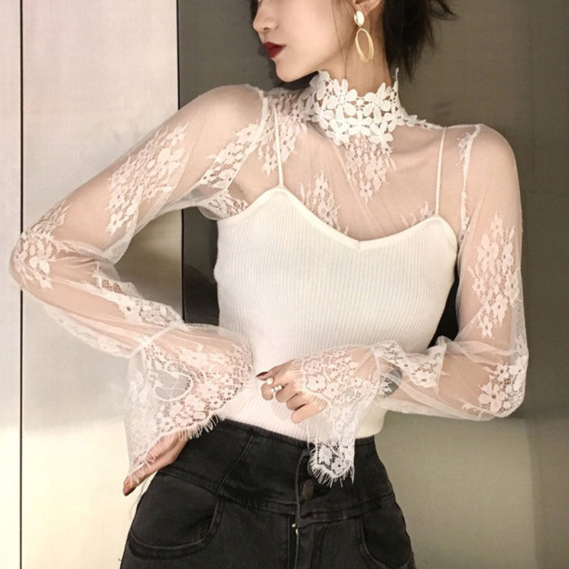 เสื้อเชิ้ต จุดต่ําสุด ลูกไม้สีดําเซ็กซี่สําหรับผู้หญิงเสื้อตัวในตาข่ายฝรั่งเศสแขนยาวด้านในบาง
