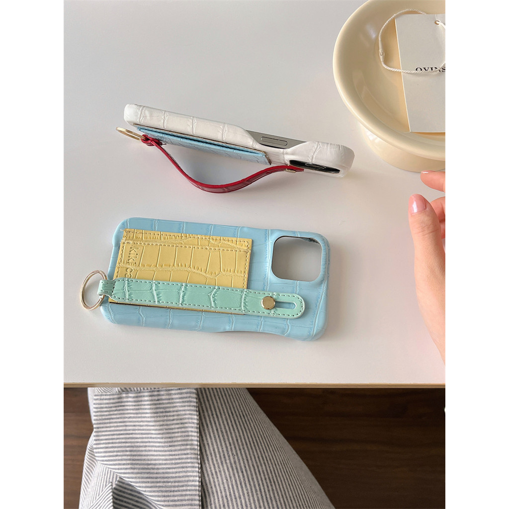 Macaron สี + สายรัดข้อมือ + กระเป๋าการ์ดสําหรับ iPhone 16 15 14 12 13 Pro Max เคส iPhone ป้องกัน anti-drop ฝาหลังกรณี - รูปที่ 2