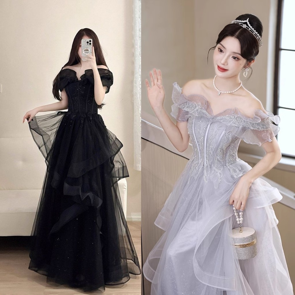 ชุดราตรีสีดํางานเลี้ยงวันเกิดใหม่ผู้หญิงแฟชั่น แมกซี่ ยาวสีดําชุดพรหม