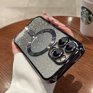 สําหรับ iPhone 11 12 13 14 Pro 15 Max Plus Deluxe Glitter Magnetic Clear กันกระแทก TPU Soft Case