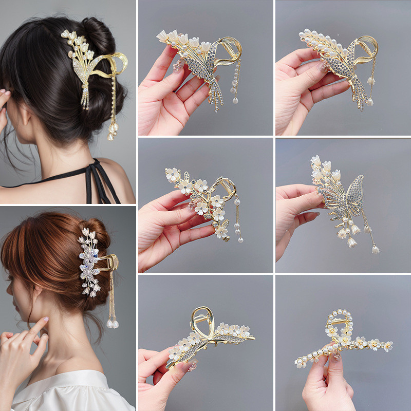 ใหม่หรูหรา โลหะขนาดใหญ่ Clamp ญี่ปุ่นผู้หญิงเกาหลีสไตล์ฝังเพิร์ลพู่แฟลชเพชรข้าวสาลีหู Shark คลิปแฟชั่น Headdress