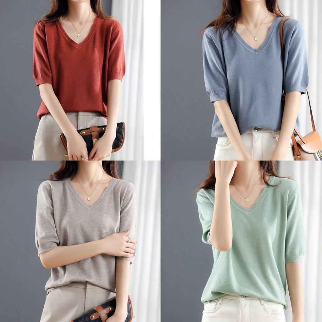 เสื้อไหมพรมคอวี แฟชั่นผู้หญิง ลายเรียบสีพื้นยืดได้เยอะมาก ผ้านิ่มใส่สบาย มี9สี *พร้อมส่ง*