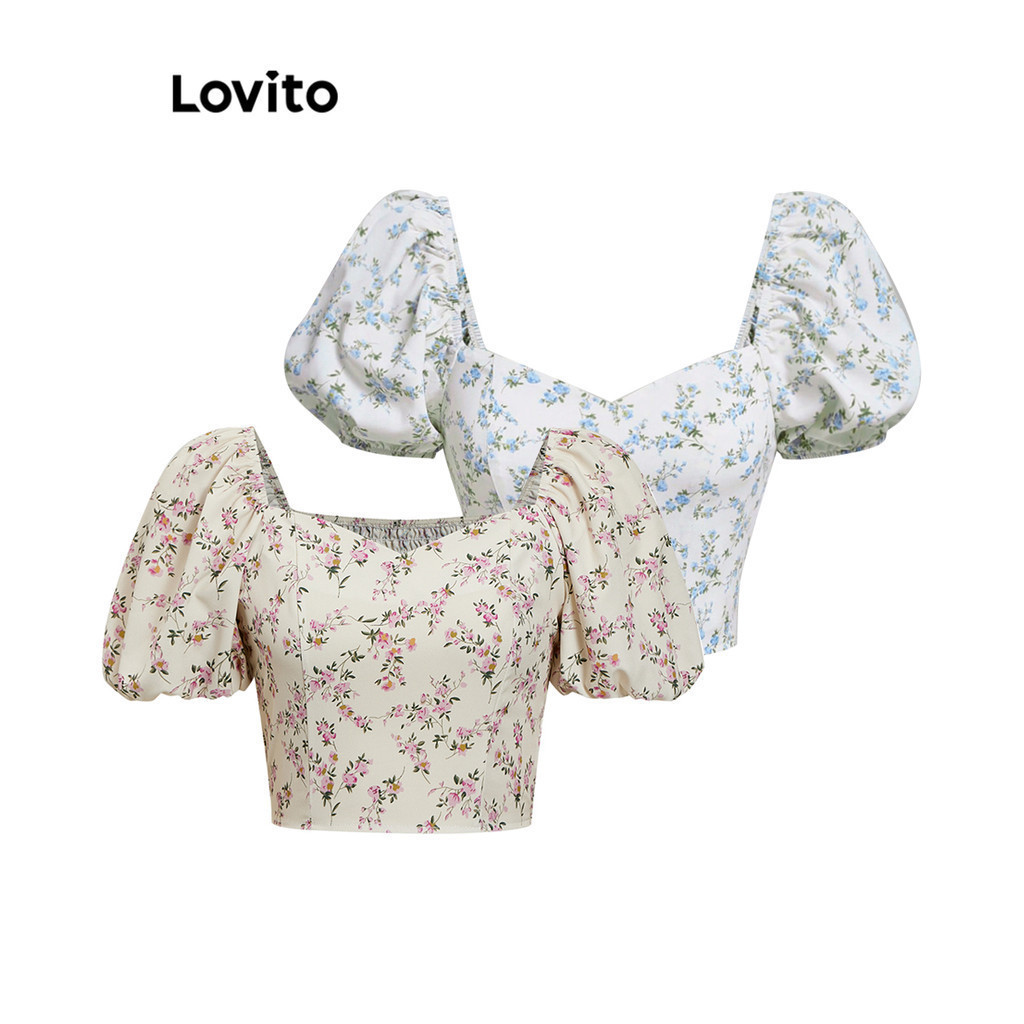 Lovito เสื้อเบลาส์ผู้หญิง แขนพอง ลายดอกไม้ สไตล์ลำลอง L67AD006 (สีขาว)