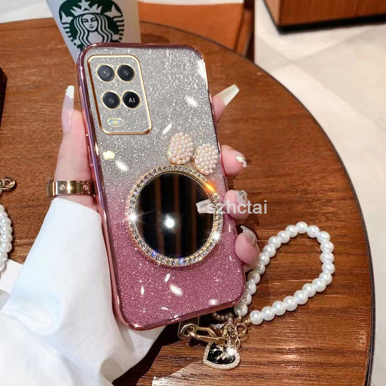 เคสโทรศัพท์ oppo a54 หรูหราแวววาวชุบโทรศัพท์กรณี กรณีโทรศัพท์ใสเปลือกหอยมุกโบว์กระจกแต่งหน้าพร้อมสร้อยข้อมือ เคส oppo a54
