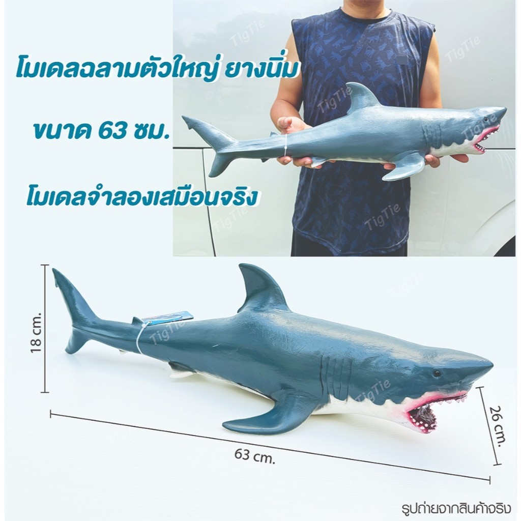 โมเดลฉลามตัวใหญ่ยางนิ่ม 63 ซม. โมเดลสัตว์จำลองตัวใหญ่เสมือนจริง
