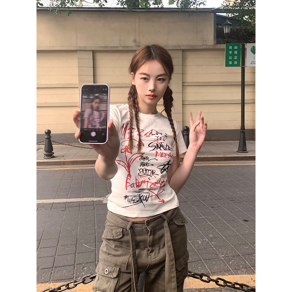 (จัดส่งตลอด 24 ชั่วโมง）OOOK Official เสื้อยืดสตรีคอกลมโมโนแกรม ผ้าฝ้ายแท้