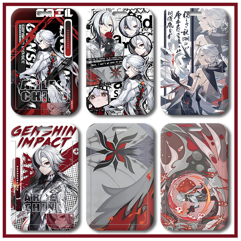 Genshin Impact The Knave Arecino Card Set Campus Student Meal Card Bus Access Card Factory ID Card Protect Case with Neck Hanging Rope