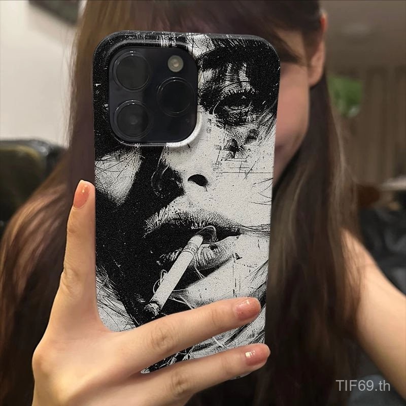 การสูบบุหรี่สูง Cool Girl ภาพวาดสีน้ํามันเคสโทรศัพท์ iPhone เข้ากันได้กับ iPhone xr xs xsmax 11promax 15 14 13 12 11 pro 12 13 14 15 promax 7/8plus โทรศัพท์ป้องกันกรณี Anti-strike Hard Case OSV9