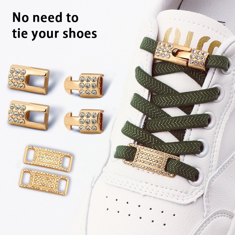 1 คู่ยืดหยุ่นไม่มี Tie รองเท้า Laces Bling เพชร Cross ล็อคเชือกผูกรองเท้า Charms รองเท้าผ้าใบหัวเข็มขัดสําหรับ AF1 โลหะ Shoelaces สําหรับผู้หญิง Man