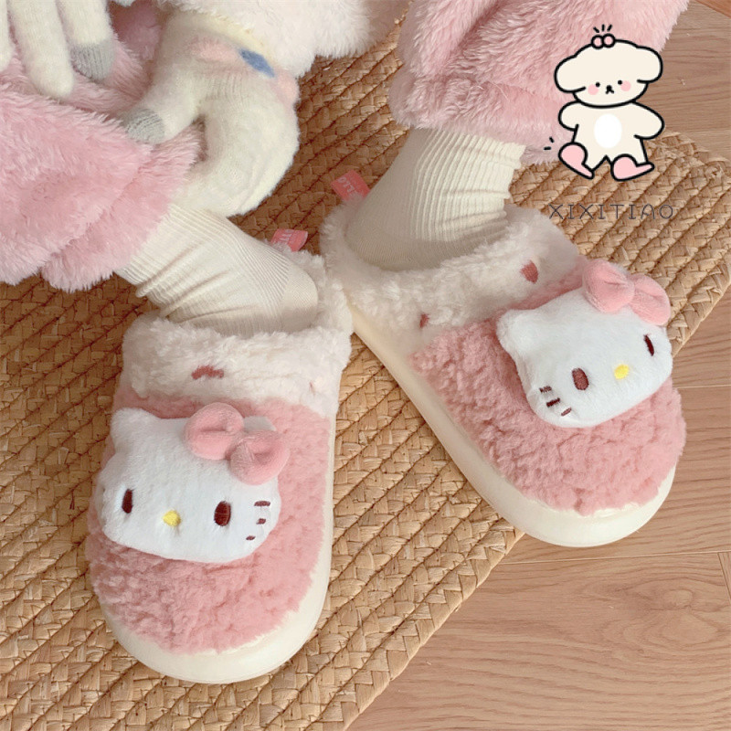 Xitiao Sanrio Hello Kitty รองเท้าแตะผ้าฝ้ายอุ่นตุ๊กตานักเรียนหญิงบ้านห้องนอนนุ่มสบายแต่เพียงผู้เดียว