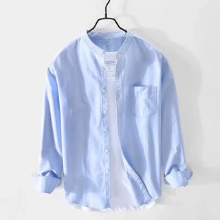 [ทักแชทรับโค้ดลดเพิ่ม] เชิ้ตคอจีนผู้ชายแขนยาว สีพื้น Long-Sleeve Mandarin Collar Shirt (5602)