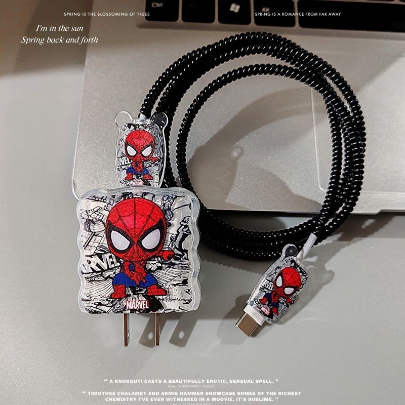 ชุดเคสชาร์จ Spider man น่ารักเข้ากันได้กับ iPhone 18W/20W ชาร์จ Wave Edge Protector สายข้อมูลสายห่อเกลียว
