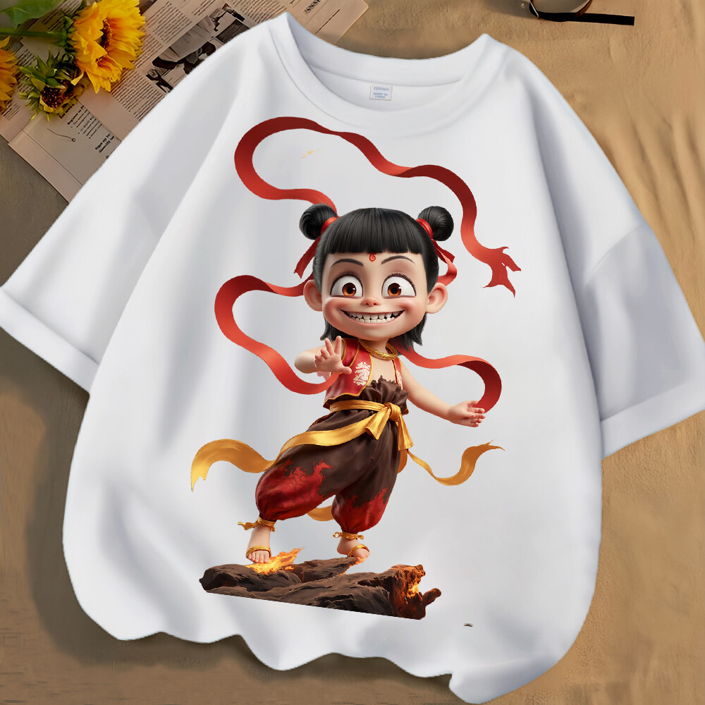 "Nezha 2" T-shirt การ์ตูนน่ารักจีนอะนิเมะพิมพ์เสื้อยืดแขนสั้น &NAZ011