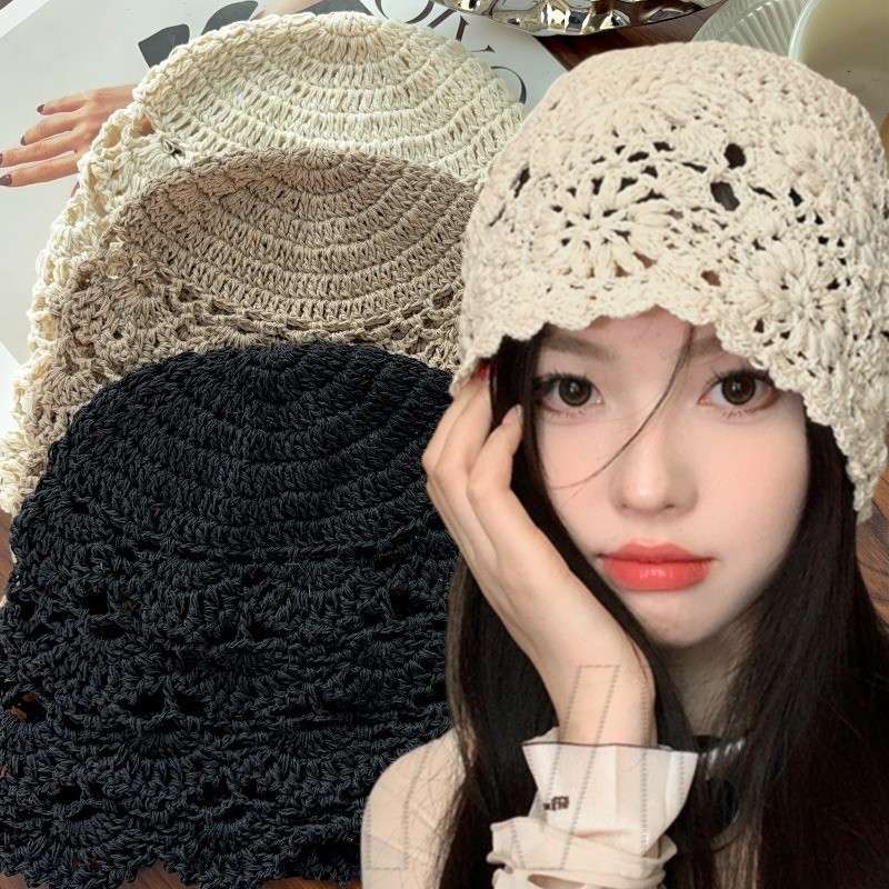 หมวกเป่าโถวถักผู้หญิง-ระบายอากาศสบาย-หมวกสานลูกไม้กลวงออก-แฟชั่น,ลําลอง,สไตล์ญี่ปุ่น-หมวกบีนนี่หัวกะโหลกฤดูใบไม้ผลิฤดูร้อน