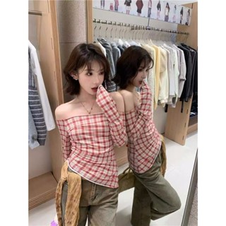 NZN เสื้อยืดแขนยาวคอปาดผู้หญิงแฟชั่นฤดูร้อน สีแดงตรวจสอบเสื้…