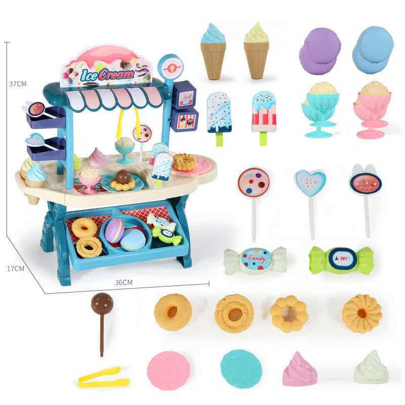 Children's Simulated Ice Cream Candy Trolley Cart Toys Snacks and Sweets Food Cart Pretend Play Set 