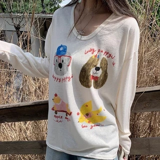 Suysuy พร้อมส่ง เสื้อยืด แขนยาว ทรงคอกว้าง งานผ้าฝ้าย บางๆ แต่งสกรีนลายการ์ตูน น่ารักมาก ใส่ได้หลายแบบ สำหรับผู้หญิง