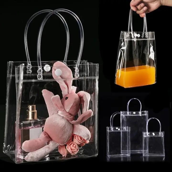 100PCS กระเป๋าถือ PVC แบบพลาสติกใส สำหรับทำเป็น ถุงของขวัญ ถุงสังฆทาน มีหลายไซส์ ถุงใสpvc กระเป๋าpvc