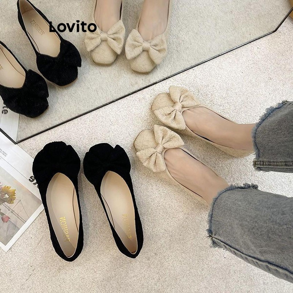Lovito ลําลองธรรมดาโบว์ประกบอเนกประสงค์ด้านล่างนุ่มกันลื่นบัลเล่ต์แบนสําหรับผู้หญิง LFA59322