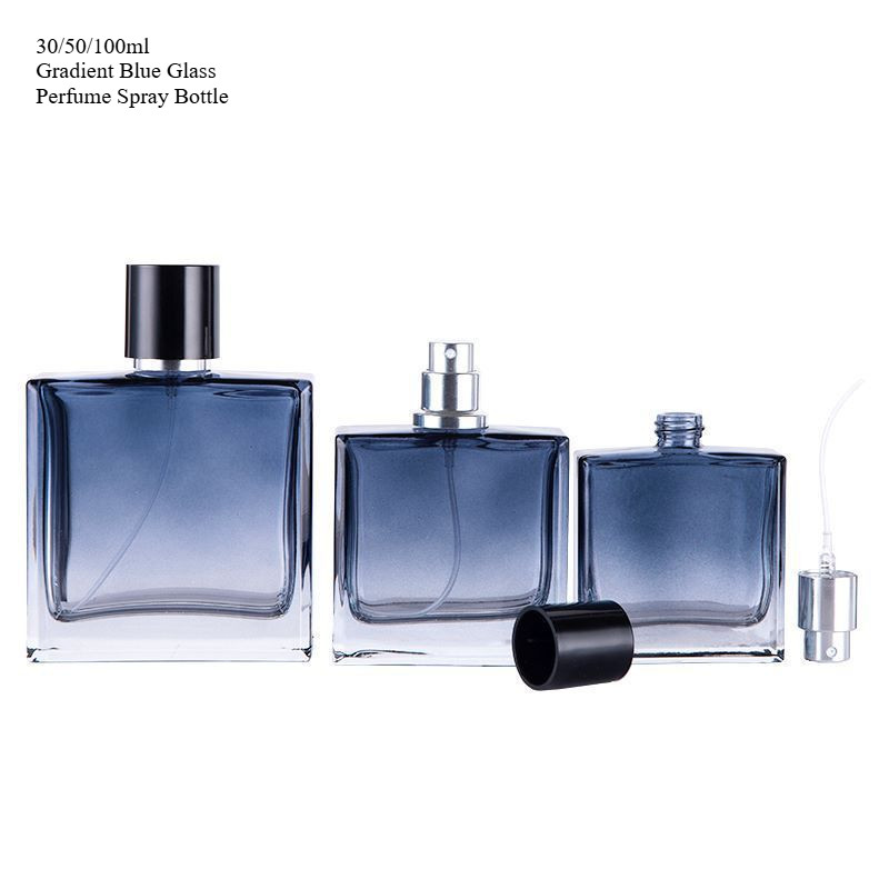 30มิลลิลิตร50มิลลิลิตร100มิลลิลิตรน้ําหอมสเปรย์ขวดแก้วไล่โทนสีสีฟ้าที่ว่างเปล่ารีฟิลแบนสแควร์ตัวอย่างท่องเที่ยว