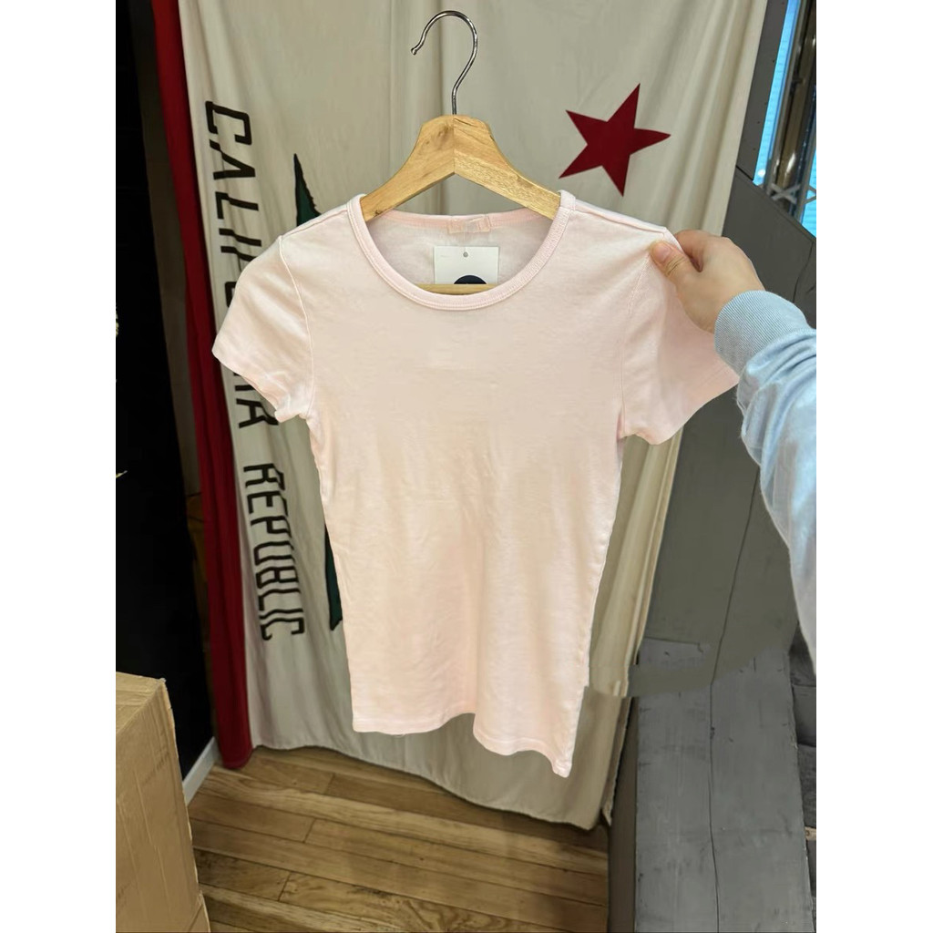 เสื้อยืดผู้หญิงBM สไตล์สีชมพูรอบคอแขนสั้นเสื้อยืดผู้หญิง bm สไตล์อเมริกันสาวร้อนสไตล์ Slim-Fit ภายใน