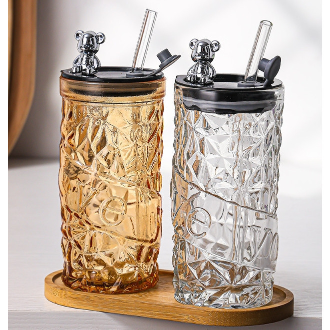 Xซูเปอร์มาร์เก็ต หมีน่ารัก ปลีก/ส่ง แก้วน้ำทรงเพชร  หรูหรา กระบอกน้ำมีฝาปิดพร้อมหลอด เลือกสีได้ 350ML