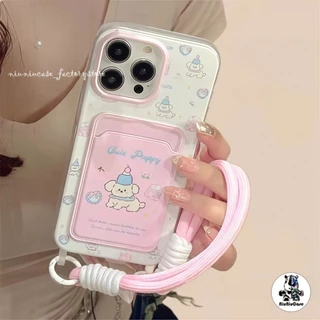 เคส For iPhone 13 12 11 16 15 14 Pro Max X Xr Xs 7P 8P เคสโทรศัพท์การ์ตูนสีชมพูไส้กรอกสุนัข + Lanyardฝาครอบโทรศัพท์นุ่ม