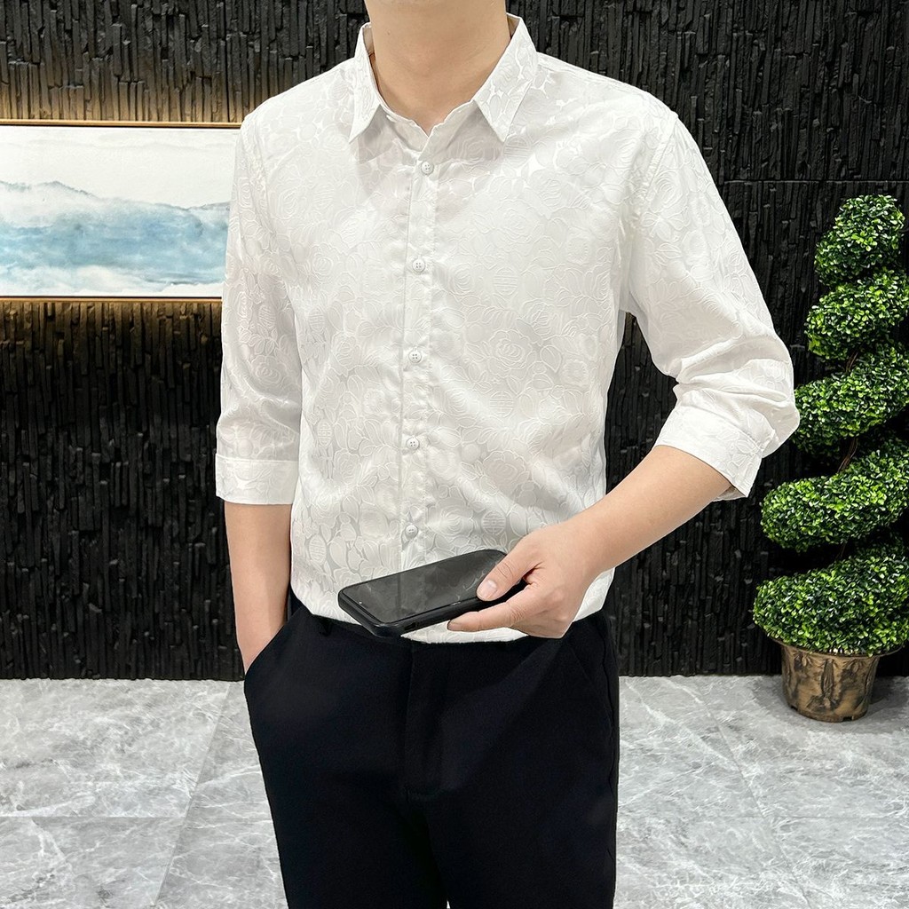 เสื้อ Jacquard ผู้ชายแขนสั้น Street Wear All-Match กลางเอวผู้ชายสวมใส่ 2025 ครึ่งแขนเสื้อดอกไม้ High