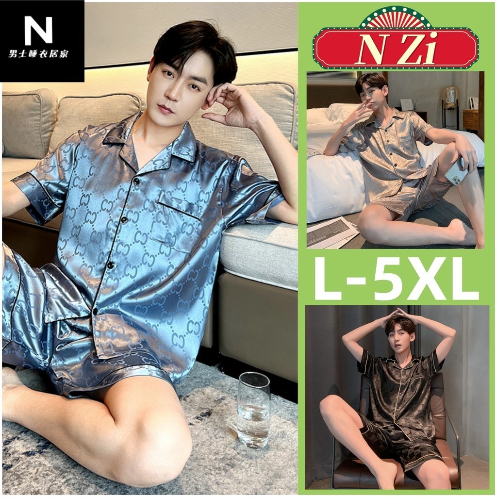 ชุดนอนแขนสั้น ผ้าไหม ผ้าซาติน ทรงหลวม พิมพ์ลายตัวอักษร ขนาดใหญ่ เหมาะกับฤดูร้อน สําหรับผู้ชาย ไซซ์ L - 5XL