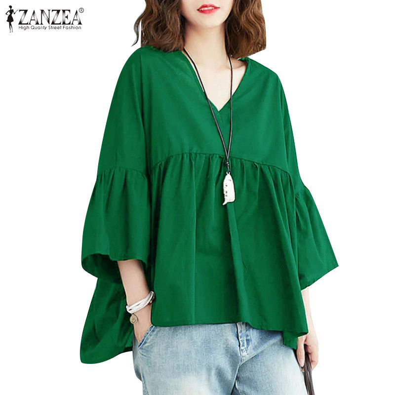 Zanzea เสื้อเบลาส์ คอวี แขน 3/4 ทรงเอ จับจีบ ทรงหลวม สไตล์เกาหลี สําหรับผู้หญิง