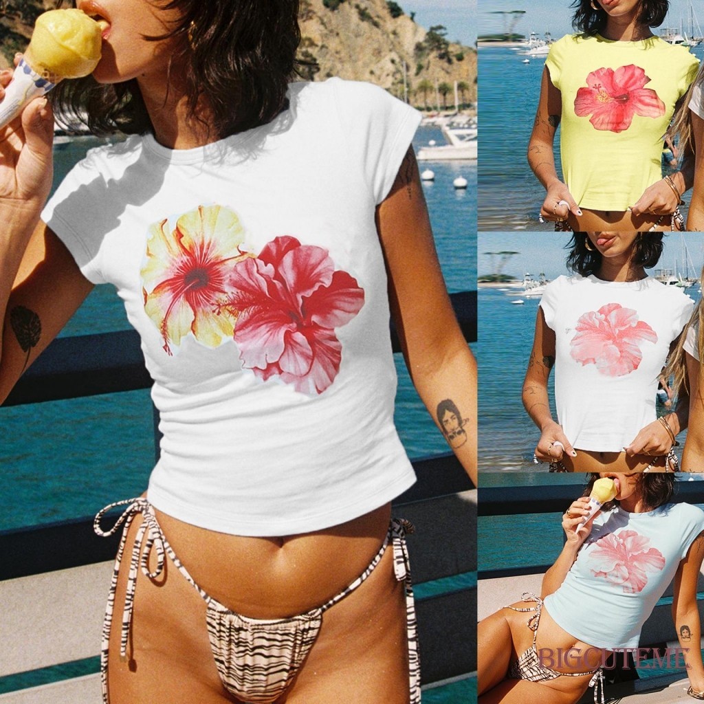 [] - เสื้อครอปท็อป คอกลม แขนทรงหมวก พิมพ์ลายดอกไม้ ฤดูร้อน สําหรับผู้หญิง