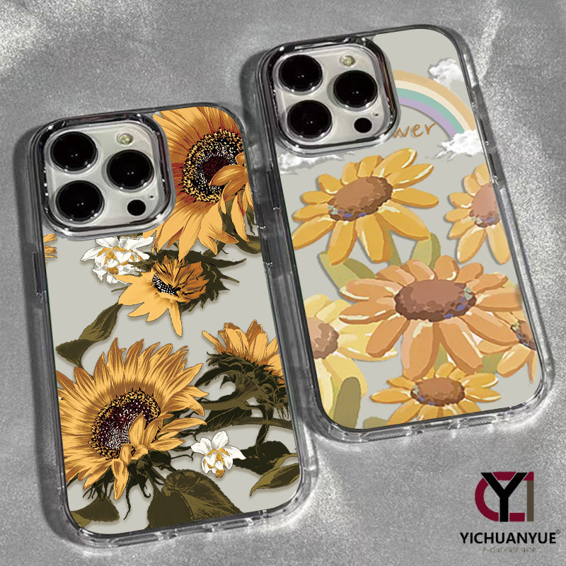 สำหรับ iPhone 13 12 14 11 15 Pro Max XR X Plus XS SE 7 การ์ตูนลายดอกทานตะวันเคสไอโฟนป้องกันการตกกันกระแทกและเลนส์ป้องกัน