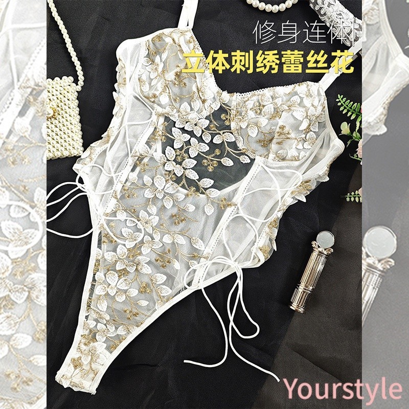 [Yourstyle]-ชุดจั๊มสูทเซ็กซี่ ผ้าตาข่าย แต่งลูกไม้ เปิดหลัง เข้ารูป ปักลาย