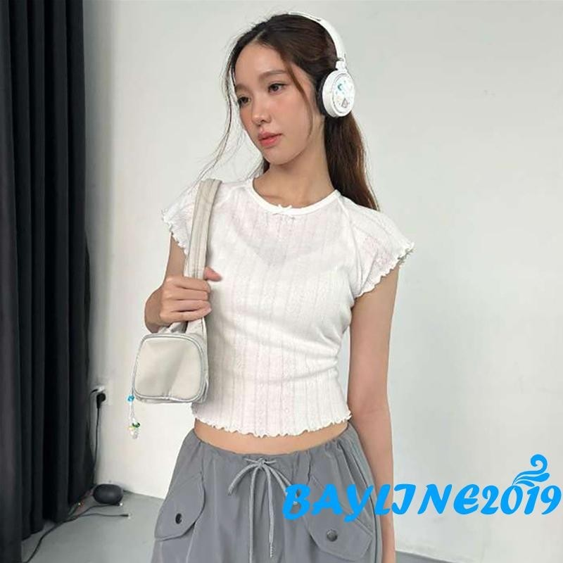 (จัดส่งในกรุงเทพฯ)-women shaits Crop เสื้อยืดสีขาว Casual Slim Lettuce Trim Pointelle รอบคอหมวกแขน Ribbed Tops สําหรับฤดูร้อน – โปรปัง