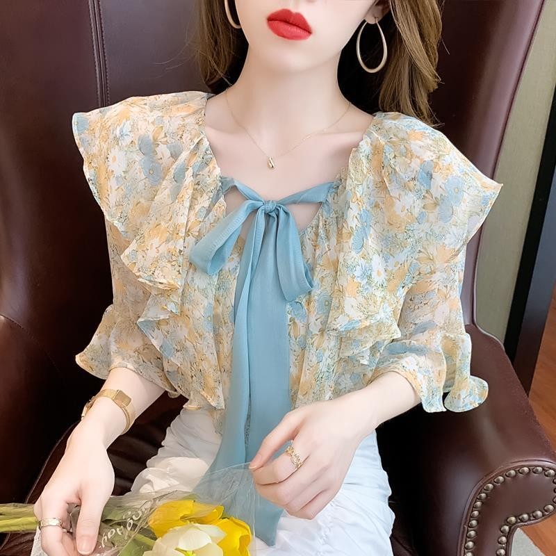 เสื้อชีฟองลายดอกไม้สไตล์ฝรั่งเศสแขนสั้น thumbnail 4